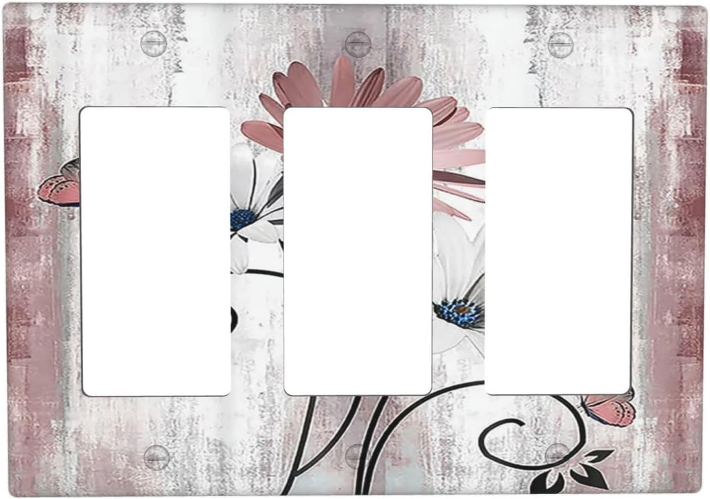 Light Switch Covers Pink White Daisy Butterfly Wood Grain 3 Gang Rocker Electrical GFCI Decorative Triple Outlet Wall Plate Cover Switchplate for Farmhouse Bathroom Decor