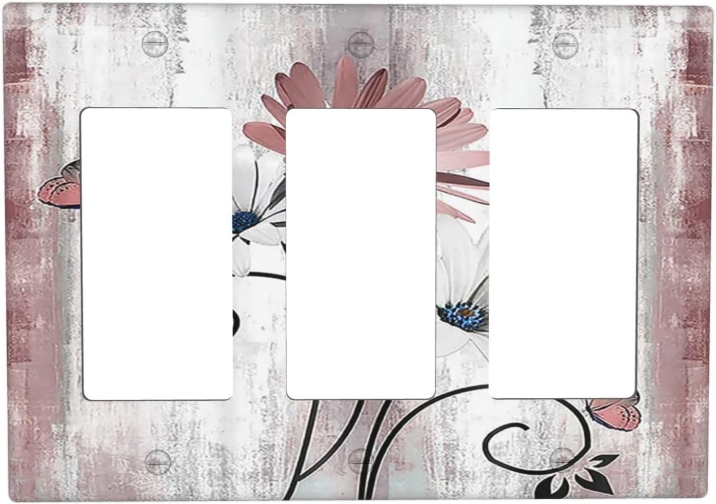 Light Switch Covers Pink White Daisy Butterfly Wood Grain 3 Gang Rocker Electrical GFCI Decorative Triple Outlet Wall Plate Cover Switchplate for Farmhouse Bathroom Decor