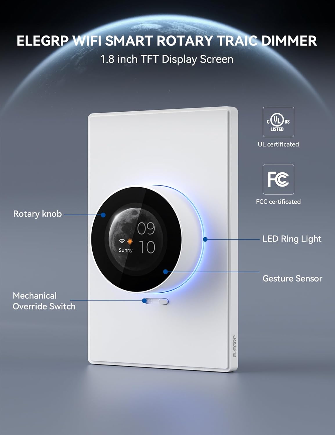 ELEGRP WiFi Smart Rotary Traic Dimmer with 1.8 inch TFT Display Screen, Single Pole, Needs Neutral Wire, 2.4GHz Wi-Fi, Compatible with Alexa and Google Home, No Hub Required, UL Listed, 1 Pack, White