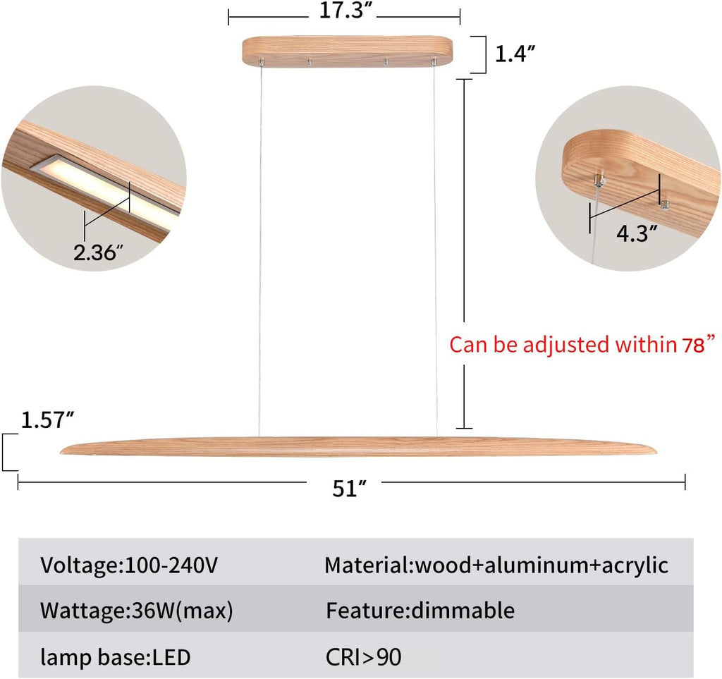 51" 36W Wood LED Linear Pendant Light Fixture Led Dining Room Light Dimmable Hanging Light Fixture for Dining Room Kitchen Island Pool Table Lights Natural Ash