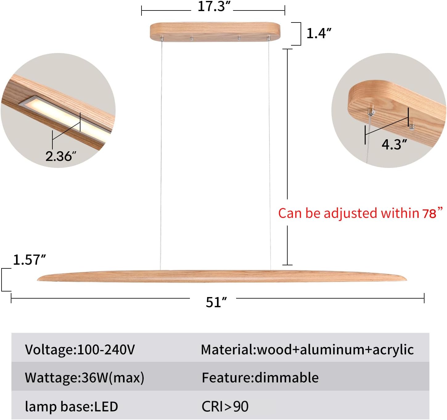 51" 36W Wood LED Linear Pendant Light Fixture Led Dining Room Light Dimmable Hanging Light Fixture for Dining Room Kitchen Island Pool Table Lights Natural Ash