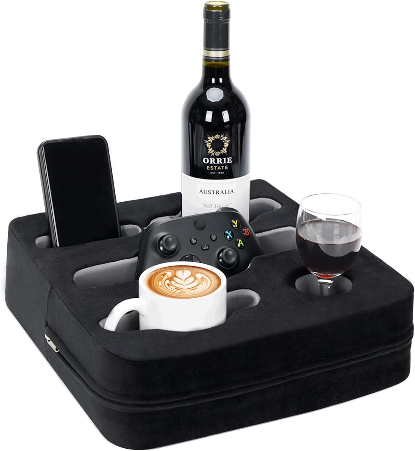 Couch Cup Holder Pillow - Sofa Cup Holder | Couch Caddy, Couch Drinks Remotes Holder for Cups, Headphones, Snacks, and Phones | Use it on Car, Pack, Beach, RV, and More (Black)