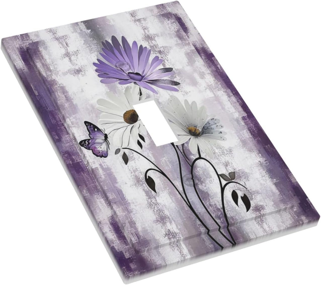 Purple Daisy White Floral Butterfly Flowers Single Toggle Light Switch Cover plate Outlet Cover Decorative Switchplate Wall Plates Electrical Panel Cover for Bathroom Living Room 5 X 3 IN