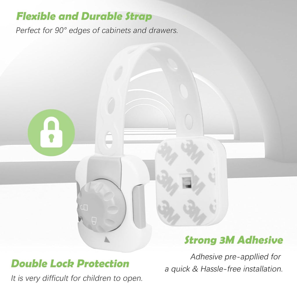 Songaa Child Safety Cabinets Strap Locks 4 Pack - Adjustable Baby Proofing Cabinet Latches for Drawers, Oven, Dishwasher, Fridge, Toilet Seat, Trash Can, with 3M Adhesive Pads - Gray