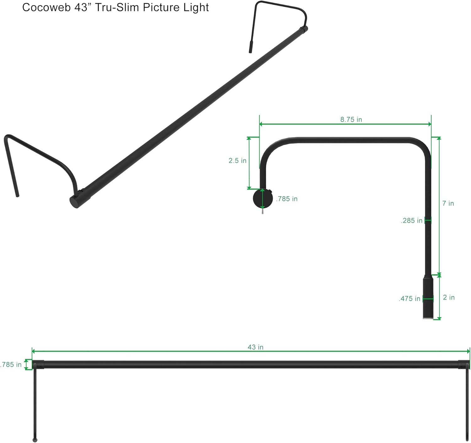 Cocoweb 43 Inch Tru-Slim Black Picture Light - LED, 2700K, Adjustable Arm, Plug-in, Toggle Switch, Sleek and Compact Design