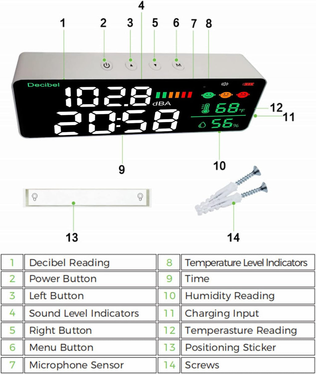 Diydeg Decibel Meter Sound Level Reader, 4 in 1 11 inch Large LED Display Wall Mounted Noise Decibel Reader Meter, Noise Temperature Humidity Meter for Home Studio Factory Classroom
