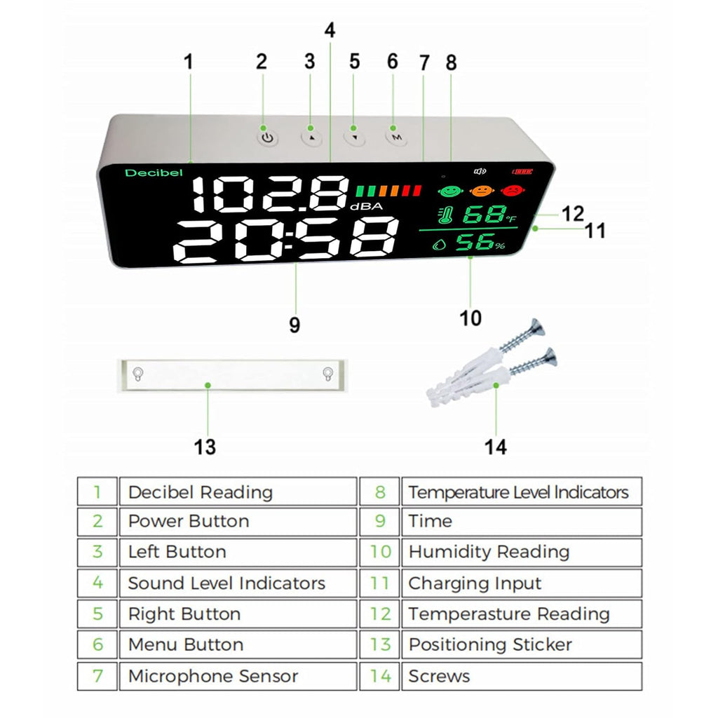 Decibel Meter Sound Level Reader, 11 Inch LED Display with Time Temperature Humidity, 30-130db Range - Sensor, Adjustable Brightness, USB Rechargeable for Home of