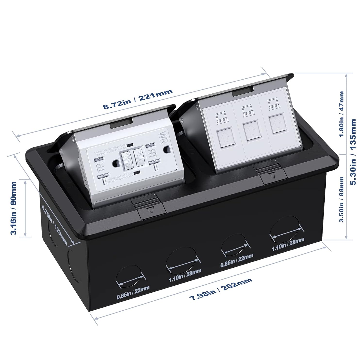 KYHSHJ Dual Pop-Up Floor Electrical Outlet Box Kit，20 Amp Stainless Steel GFCI TR Receptacle Outlet，3-Port RJ45 Datacom Receptacle， Black