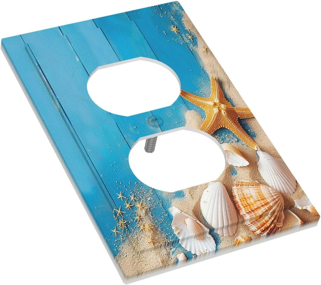 Outlet Covers Blue Wood Grain Beach Shell Starfish 1 Gang Duplex Wall Plate Decorative Switch Plates Electrical Receptacle Faceplate Light Switch Cover for Bathroom Farmhouse Decor