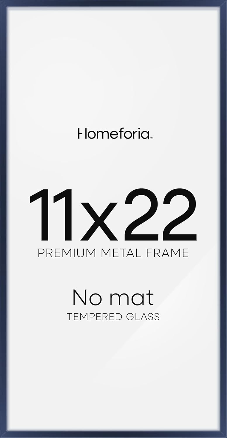 Homeforia 11x22 Newspaper Frame Navy Blue, High End Metal 11 x 22 Picture Frame without Mat, 22x11 Thin Navy Blue Poster Frames for Wall, 11by22 Display Photo Frame, Tempered Glass, Wall Kit, Set of 1