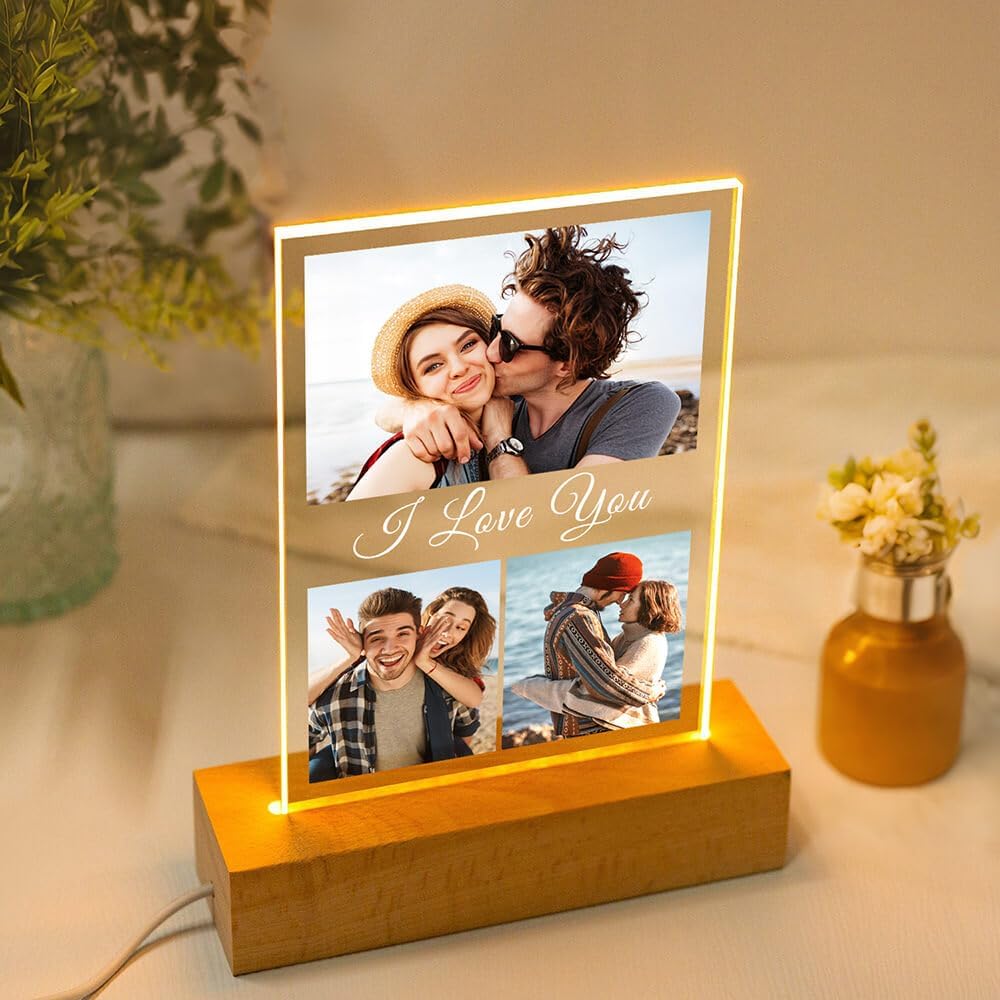 Custom Picture Frame with Photo, Personalized Photo Frames with Night Light, Customized Picture Frames, Personalized Valentines Day Gifts for Her Him Women Men Girlfriend Boyfriend Couple