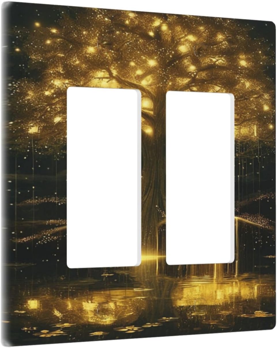 Decorative Outlet Covers Golden Shining Fantasy Kabbalah Tree of Life 2 Gang Light Switch Cover Plate Double Rocker Wall Plate Switch Plate Covers Faceplate for Bedroom Home Decor