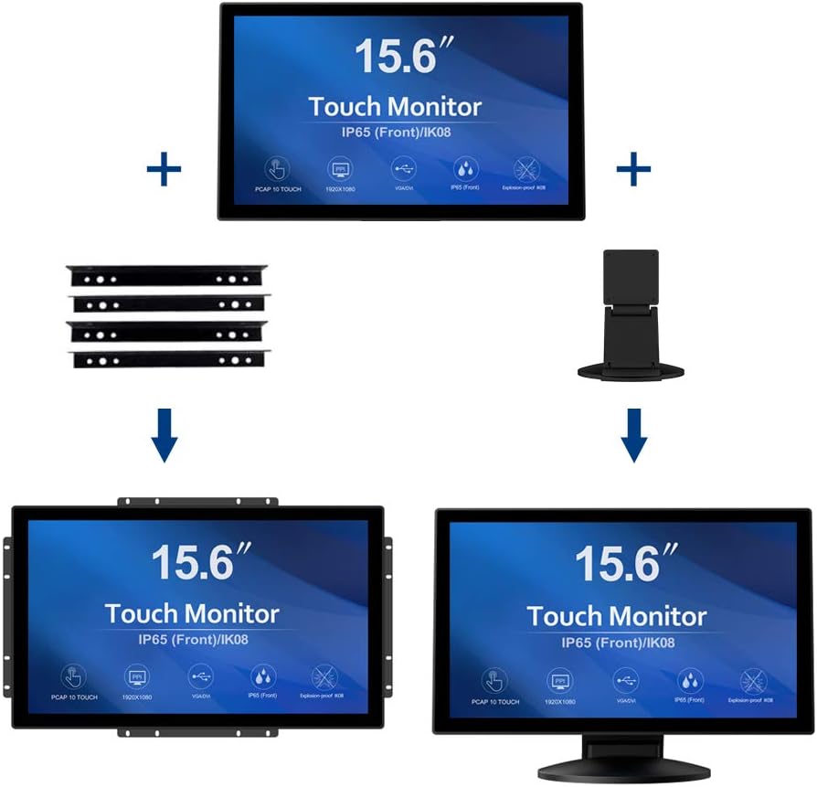 GreenTouch 15.6 Inch 10 Points Open Frame Touch Display, Industrial PCAP Touchscreen Monitor, VGA+HDMI+DVI Port - 16:9
