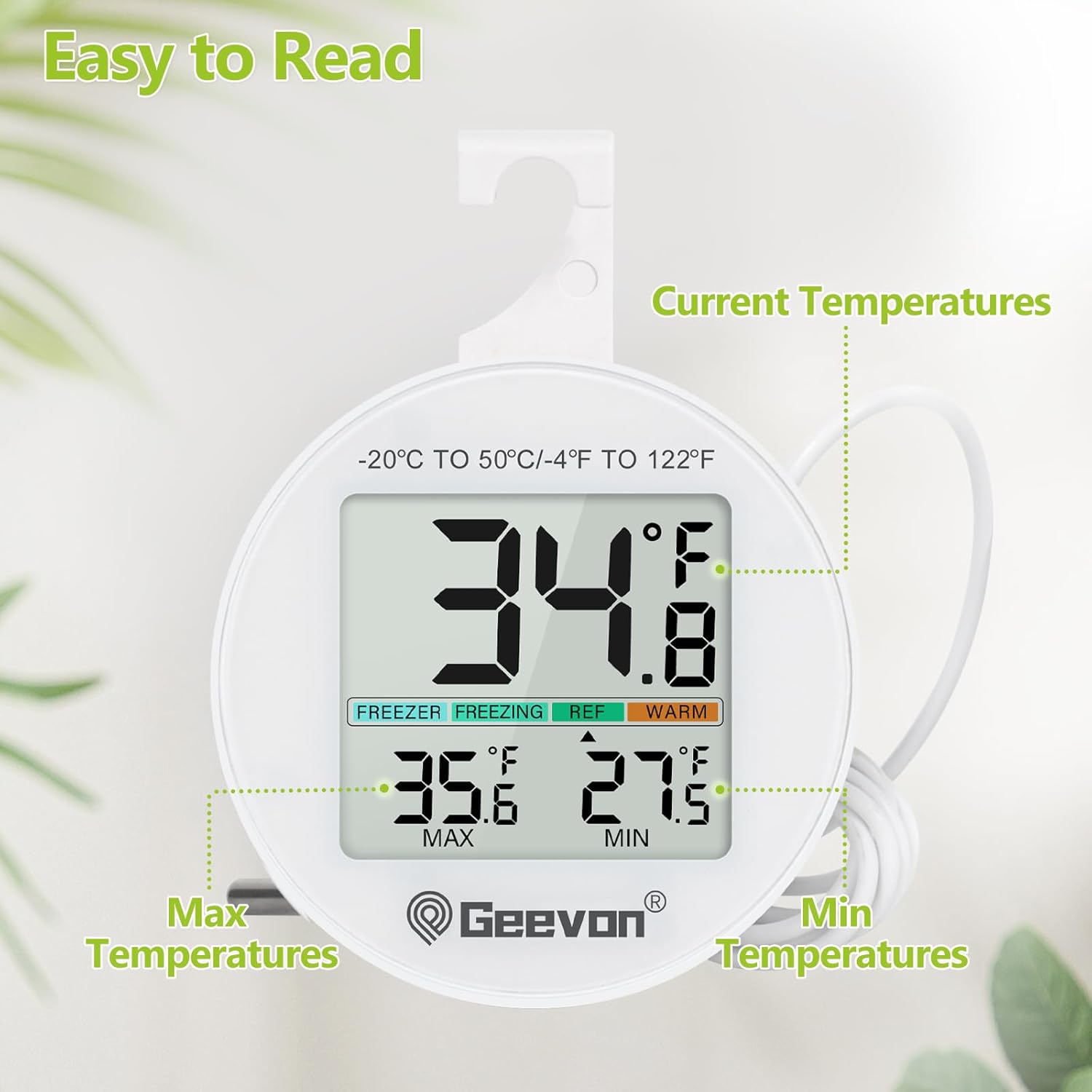 Geevon Refrigerator Thermometer 2 Pack IP65 Waterproof, with External Sensor, Fridge Temperature Monitor for Home Commercial, with LCD Screen, Stand and Magnetic Back, for Refrigerator, Freezer scenes