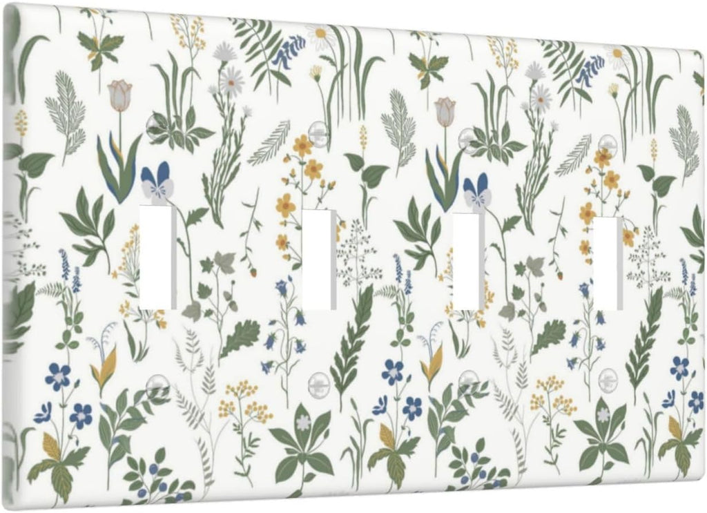 Light Switch Covers Floral Green Leaf Plant Flowes Quad Toggle Electrical Faceplate 4 Gang Wall Plate Decorative Switch Plates For Bed Room Farmhouse Decor