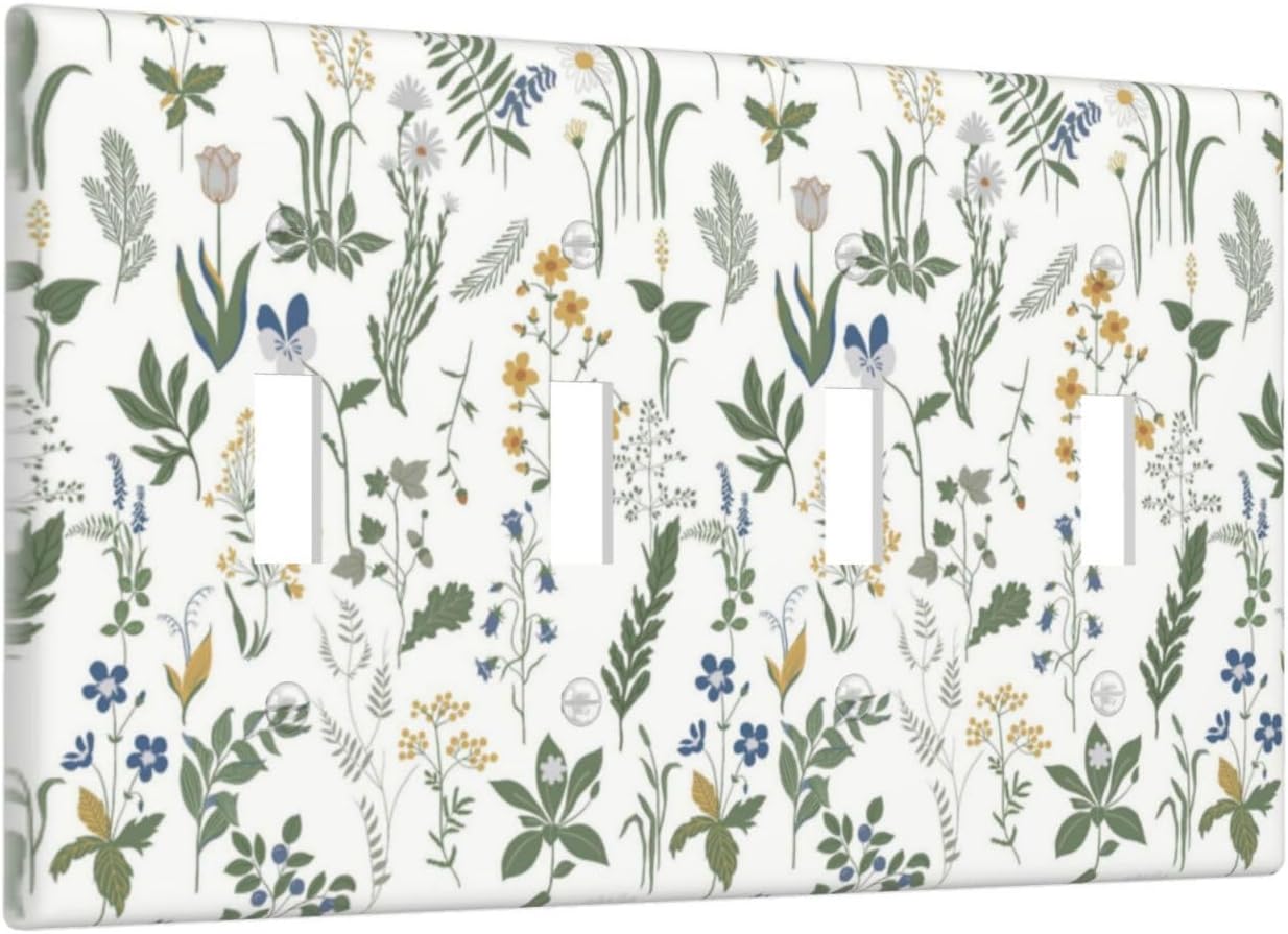 Light Switch Covers Floral Green Leaf Plant Flowes Quad Toggle Electrical Faceplate 4 Gang Wall Plate Decorative Switch Plates For Bed Room Farmhouse Decor