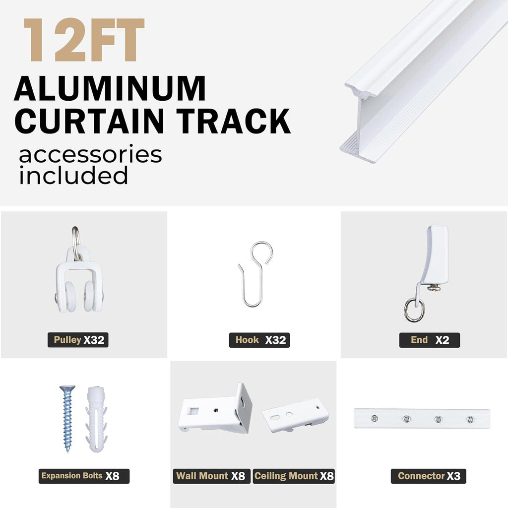 Aluminum Ceiling Curtain Track Set with Hooks Ceiling Mount and Wall Mount Room Divider Sliding Curtain Tracks Rods Flexible Heavy Duty Curtain Rail Hook Sets,White,12FT