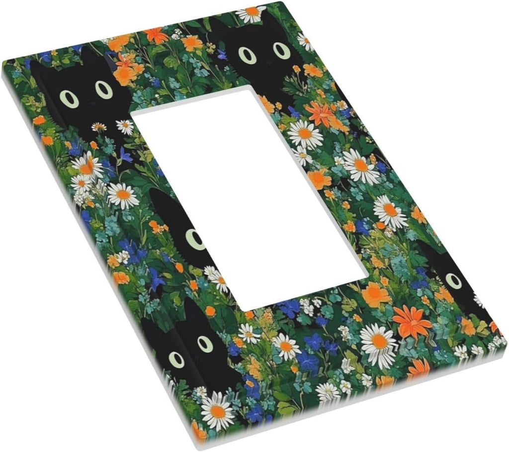 Boho Funny Black Cute Cats Daisy Wildflower Decorative Outlet Covers 1 Gang Single Rocker Light Switch Cover Plate Wall Plates Gfci Faceplate For Kids Room Bed Room Decor