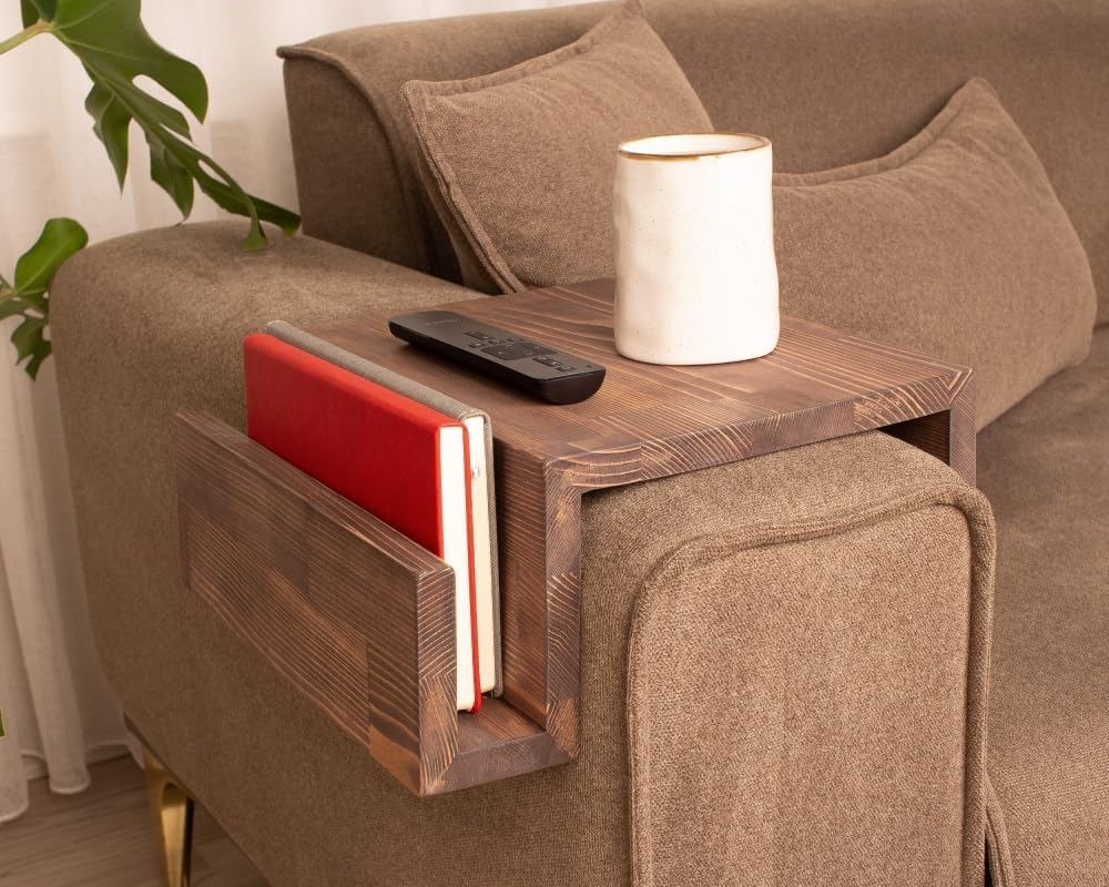 Wooden Couch Arm Tray – Sofa Armrest Table with Book & Magazine Holder, Perfect for Coffee & Remote Control, Solid Wood (London)