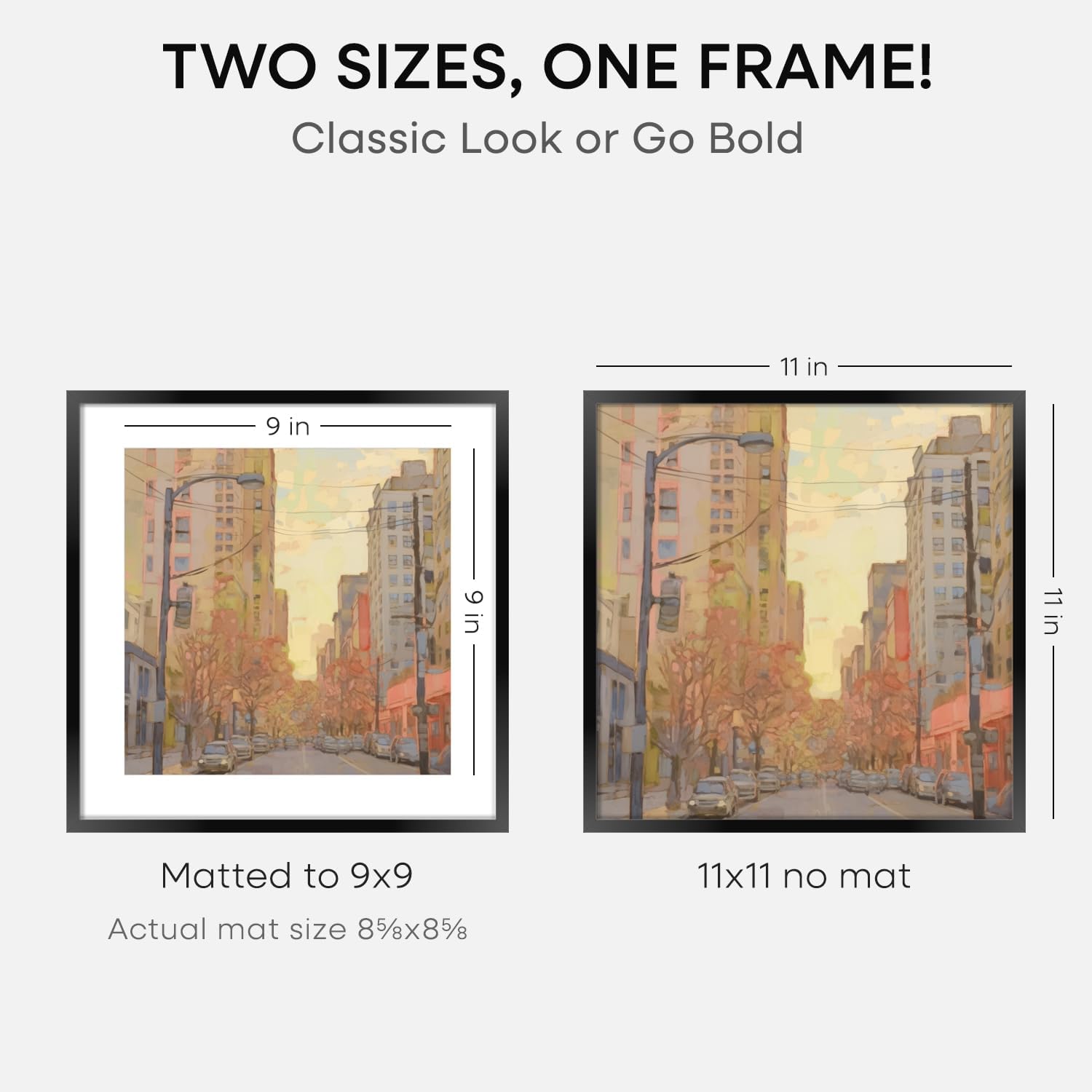 Homeforia 11x11 Picture Frame Black, High End Metal 11 by 11 Square Frames with Mat 9 x 9 Opening, 11by11 Poster Frames Matted to 9x9 inch Photo, Wall Hanging Frame, Tempered Glass, Wall Kit, Set of 3