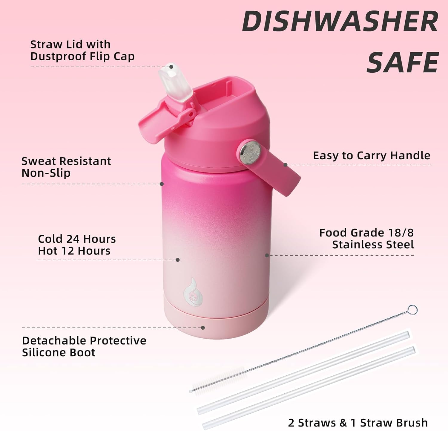 BJPKPK Insulated Water Bottle with Straw Lid, 12oz Thermo Water Bottles with Soft Nozzle, Flex Handle & Non-slip Boot, BPA Free Leak Proof Stainless Steel Metal Thermo, Tumblers, Cups,Cherry
