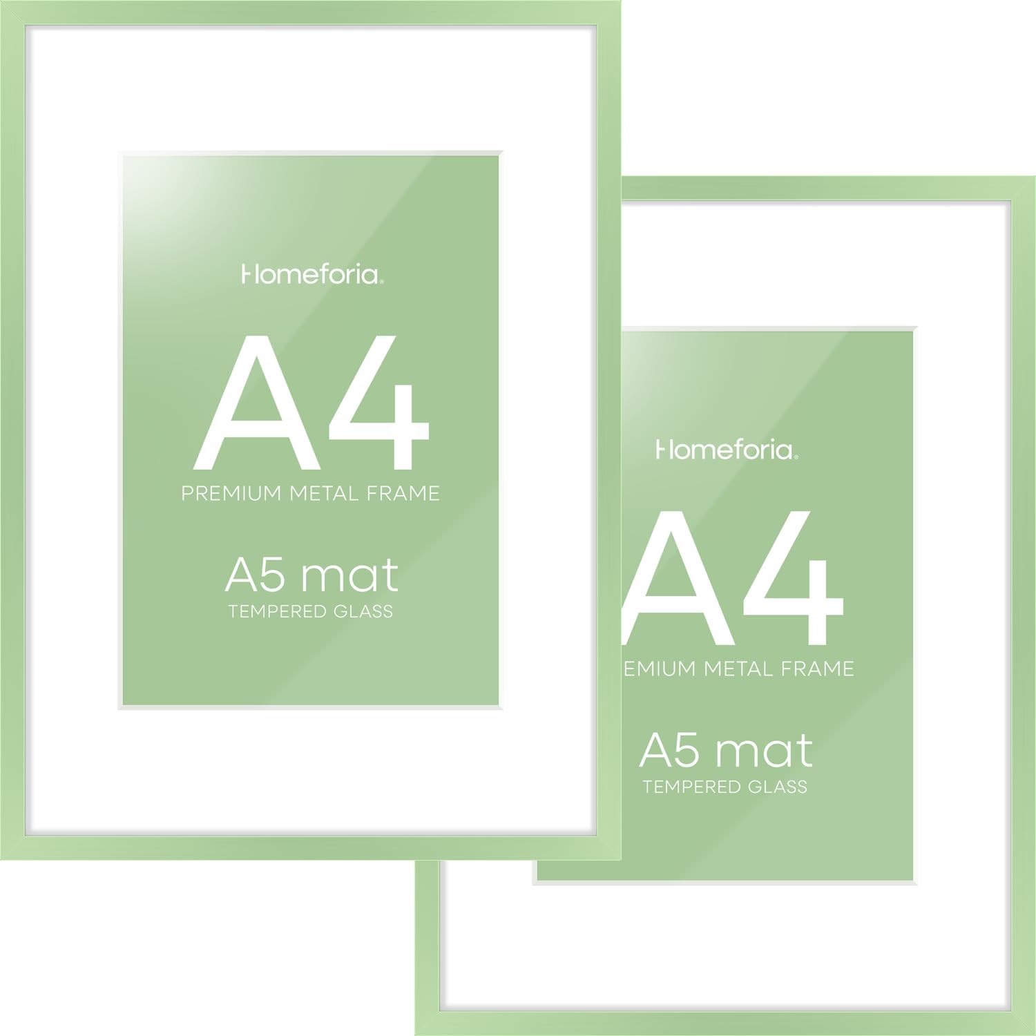 Homeforia A4 Picture Frame Sage Green, High End Metal 8.3 x 11.7 inch Poster Frames with Mat 5.8 by 8.3 Art, A4 Size Frame Matted to A5 Photo, 8.3x11.7 Wall or Tabletop Frame, Tempered Glass, Set of 2