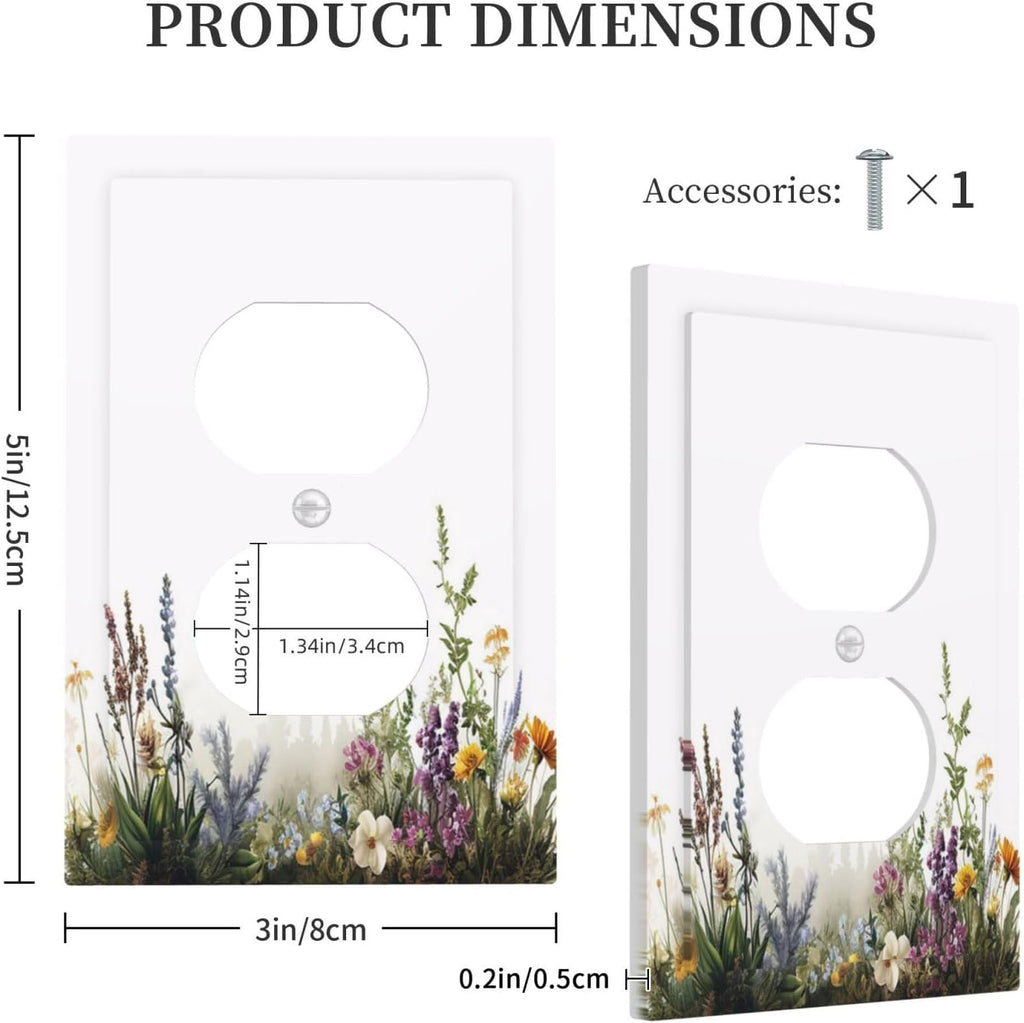 Outlet Covers White Background Colorful Flowers Plants Green Leaves 1 Gang Duplex Light Switch Cover Plate Decorative Switch Plate Covers Electrical Socket Cover for Bedroom Home Decor