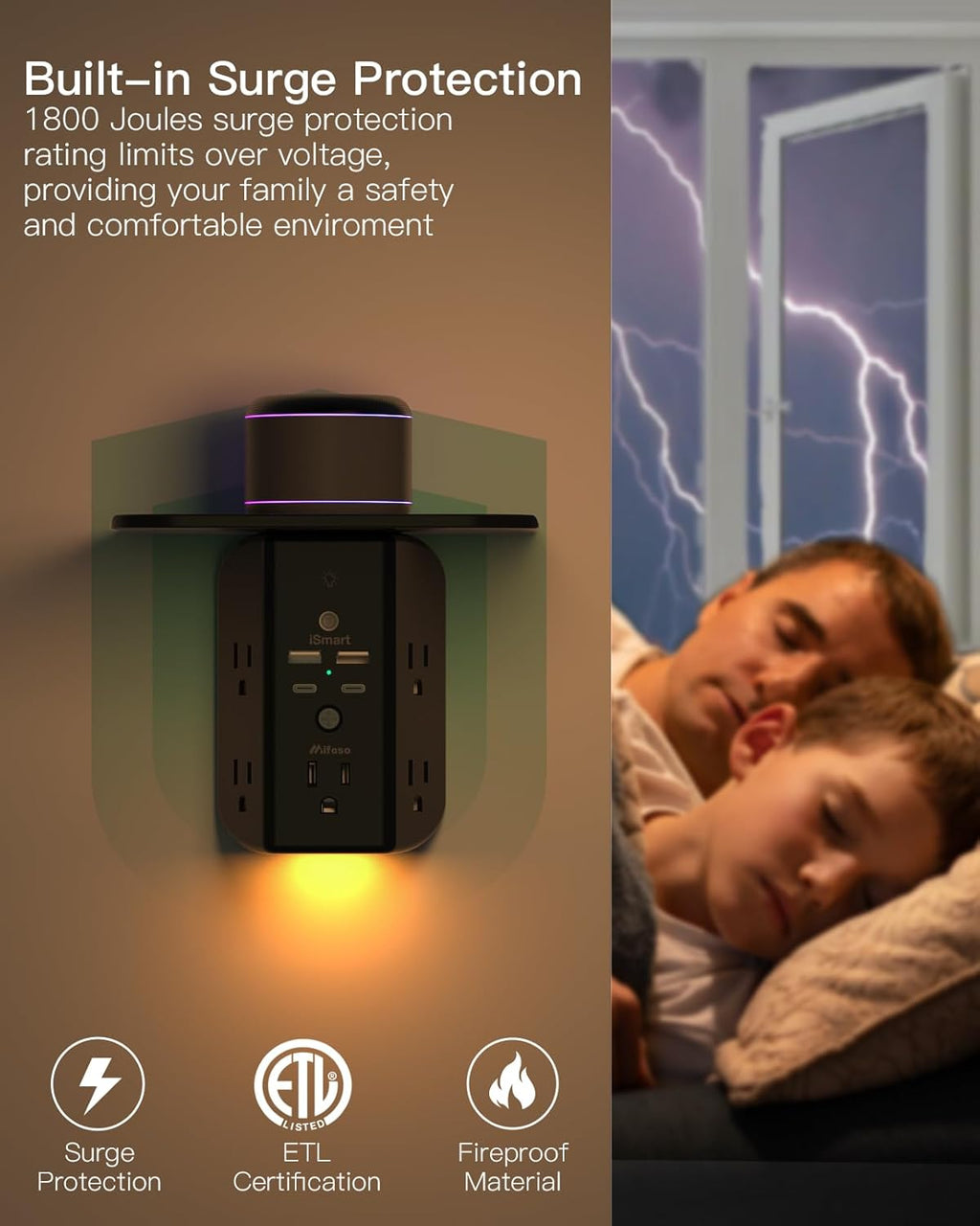Wall Outlet Extender with Shelf and Night Light, Surge Protector, USB Wall Charger with 5 AC Outlets and 2 USB A Ports 2 USB C Ports Wide Space 3-Sided Power Strip Multi Plug Outlets, Black