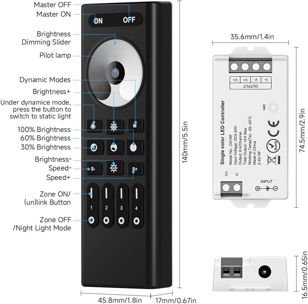 COB Single Color RF 2.4GHz Wireless Remote RC01RFB & C01RF Tuya Controller Kit, 4 Zones Group Control PWM Single Color (+V -V) 2pin LED Strip Light Controller DC5V DC12V DC24V Max 12A