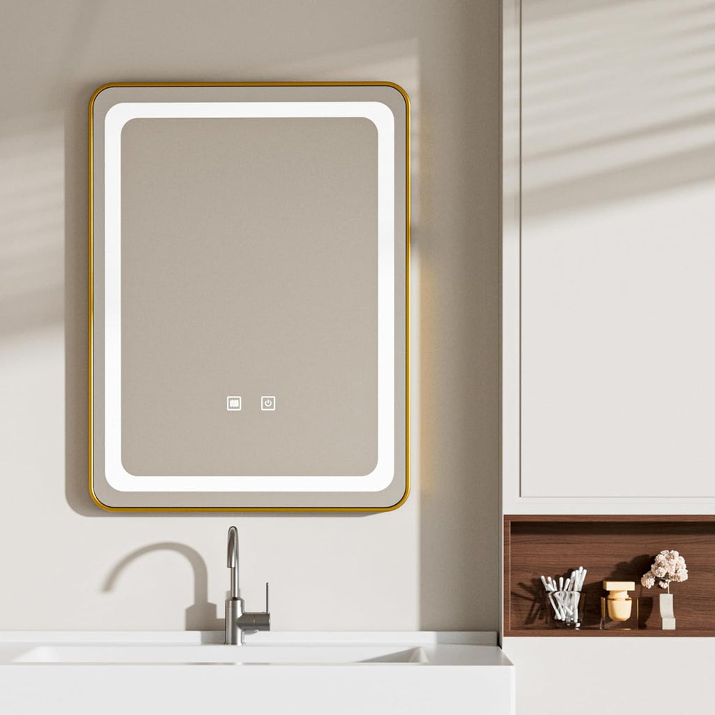 LED Bathroom Mirrors with Lights,24" x 36" Gold Square LED Mirror for Bathroom,Fogless,3 Colors Dimmable, Touch Sensor