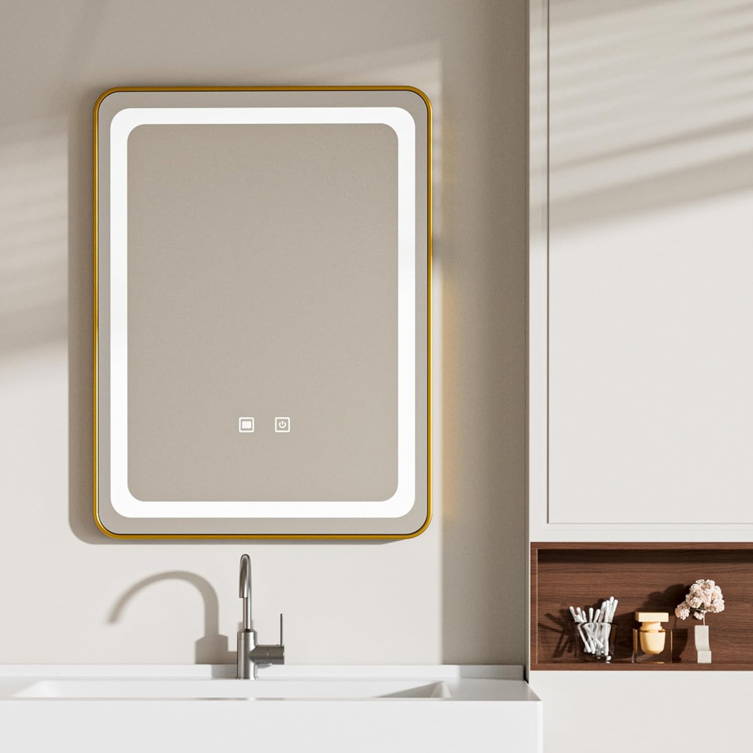 LED Bathroom Mirrors with Lights,24" x 36" Gold Square LED Mirror for Bathroom,Fogless,3 Colors Dimmable, Touch Sensor