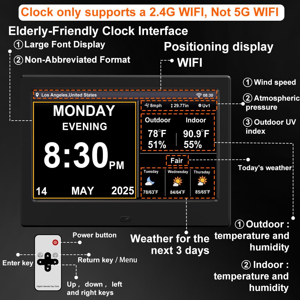 2025 Digital Clock with Auto Time Sync, Weather Forecast, Perpetual Calendar, Photo Frame, Temperature/Humidity Sensor & Custom Alarms - Large Display (Black, 10.1 inch)