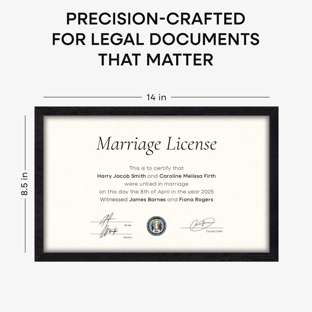 Homeforia 8.5x14 Marriage License Frame Black, High End Oak 8.5x14 Certificate Black Wood Frames, 8.5by14 Wooden Frame for Wall & Tabletop, 8.5 by 14 Picture Frames, Tempered Glass, Wall Kit, Set of 1