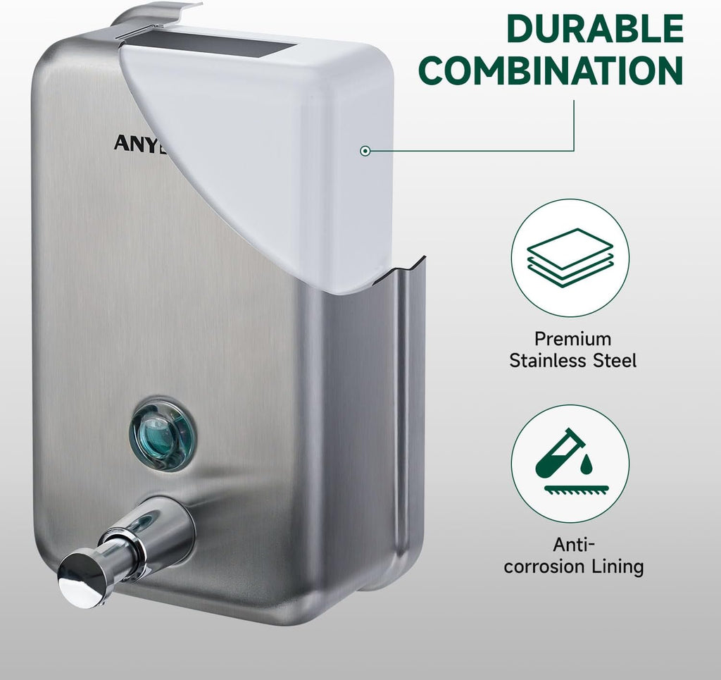 Commercial-Grade Manual Soap Dispenser, Durable Brushed Stainless Steel Finish, 37oz (1100ml) Liquid, Wall-Mounted for Bathroom & Kitchen