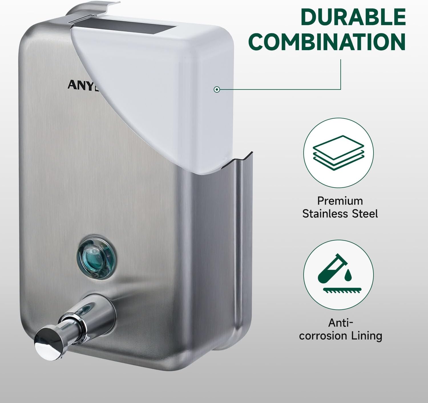 Commercial-Grade Manual Soap Dispenser, Durable Brushed Stainless Steel Finish, 37oz (1100ml) Liquid, Wall-Mounted for Bathroom & Kitchen