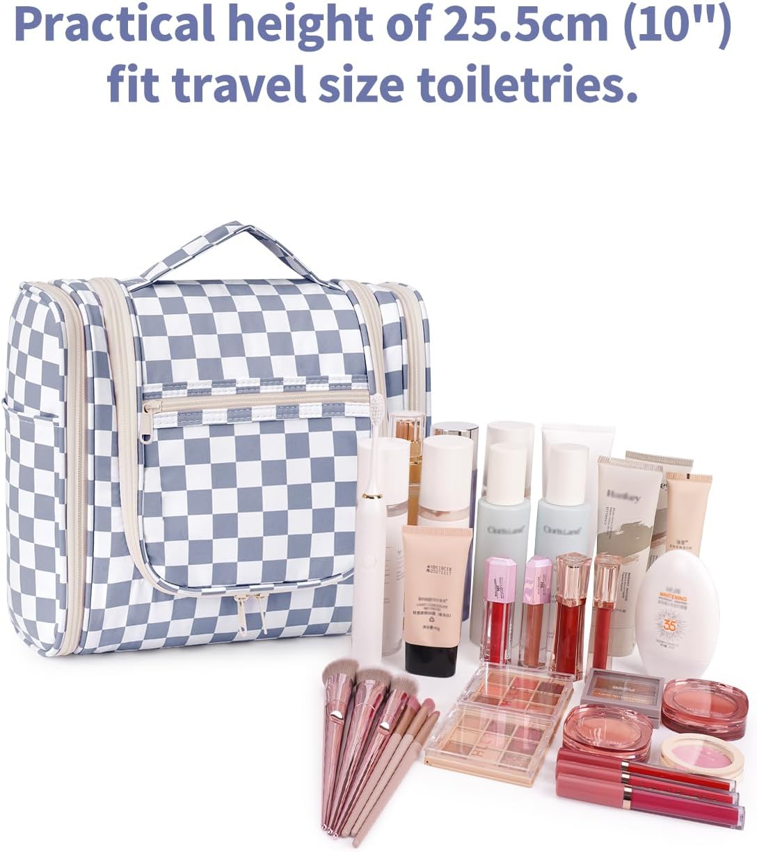 Narwey Checked Hanging Travel Toiletry Bag for Women, Travel Bag for Toiletries, Makeup Bag Organizer Cosmetic Bags Make Up Bags for Women (Grayish Blue Checkerboard)
