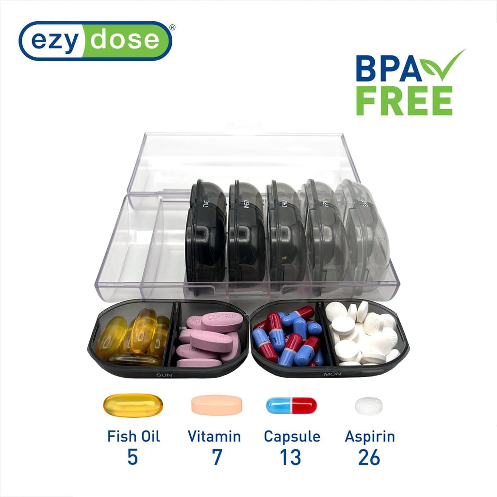 EZY DOSE Weekly (7-Day) Daily Individual AM/PM Pill Organizer with Case, Portable Medication Dispenser, Travel-Friendly Durable Pill Container, 2X Day Compartments for Vitamins and Supplements, Black