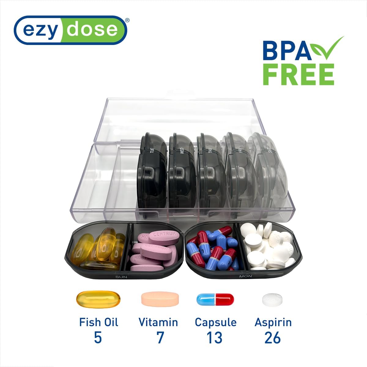EZY DOSE Weekly (7-Day) Daily Individual AM/PM Pill Organizer with Case, Portable Medication Dispenser, Travel-Friendly Durable Pill Container, 2X Day Compartments for Vitamins and Supplements, Black