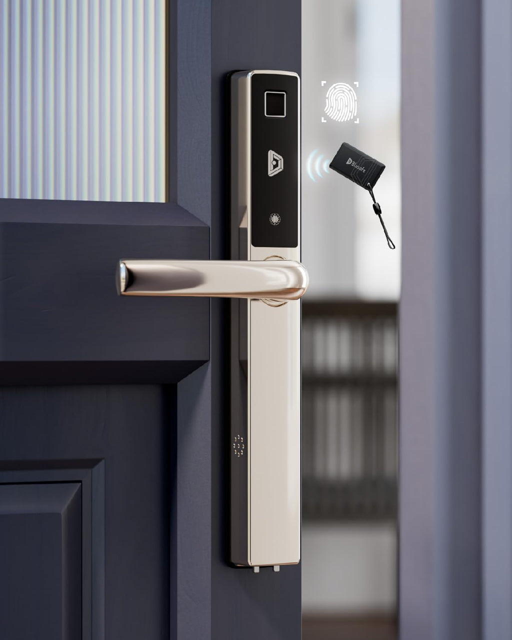 Electronic Smart Door Lock Fingerprint Door Lock with Keypad，Smart Lock for Front Door Children Proof IC Card, App Control & Mechanical Key 40–90mm Multipoint Locks(OS Frosted Silver)