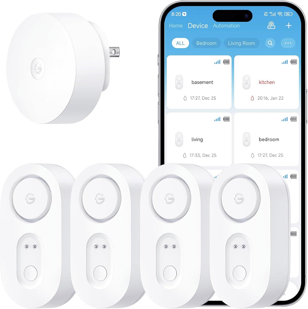 GoveeLife Upgraded Smart Water Leak Detector 1s with 1804ft Ultra-Long Range, WiFi Water Sensor with SMS/Email/APP Push and Sound Alarm, 5-Year Battery Life, Suit for Home, Basement, Kitchen, 4 Pack