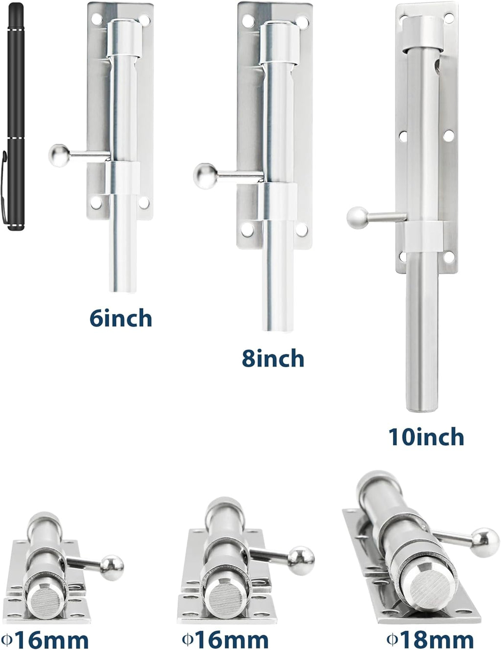 Alise 6 inch Barrel Bolt Latch,Slide Bolt Latch, Heavy Duty Solid SUS304 Stainless Steel Slide Lock for Wooden Fence,Barn Door,Interior or Outdoor Door Brushed Nickel MS8000-LS