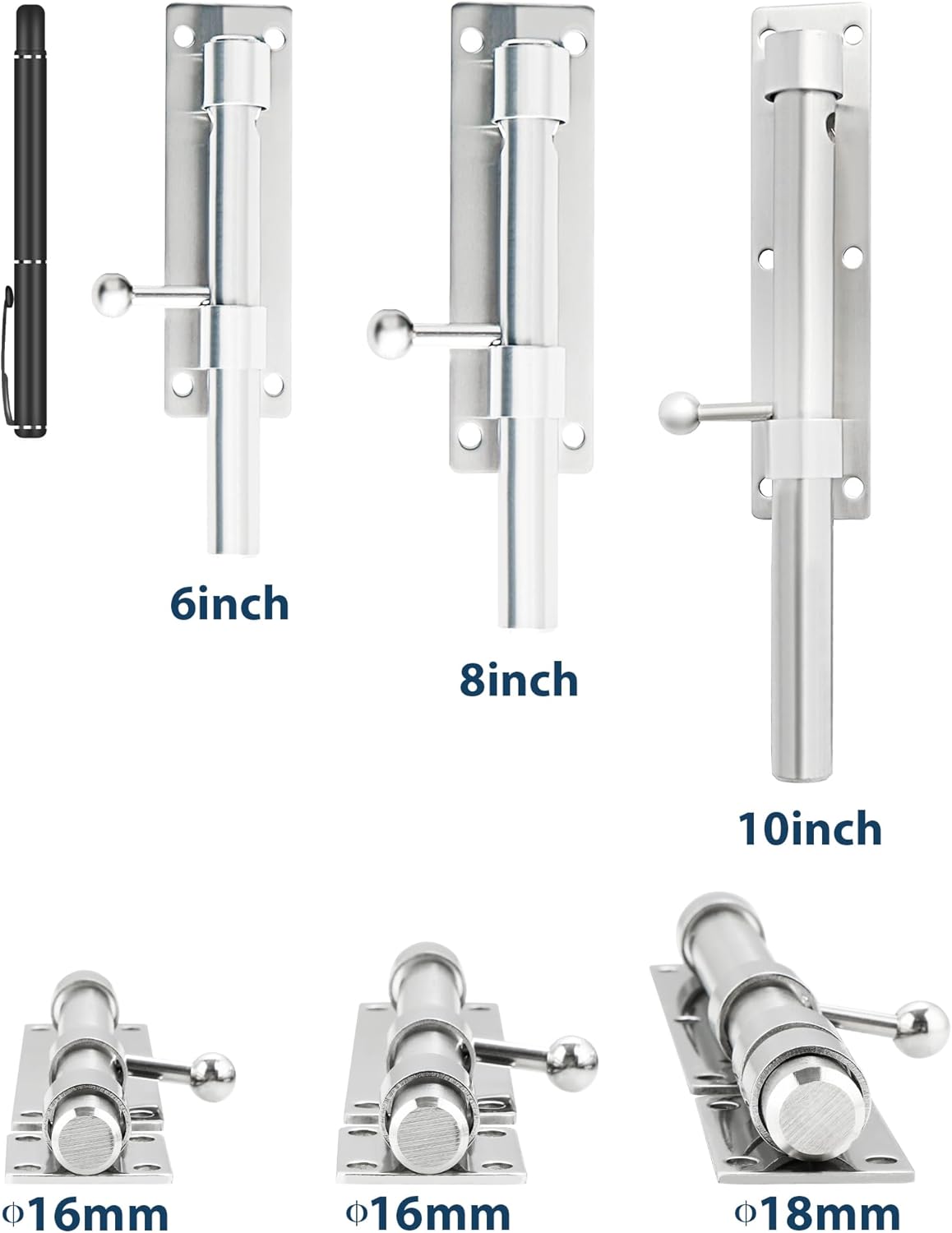 Alise 6 inch Barrel Bolt Latch,Slide Bolt Latch, Heavy Duty Solid SUS304 Stainless Steel Slide Lock for Wooden Fence,Barn Door,Interior or Outdoor Door Brushed Nickel MS8000-LS