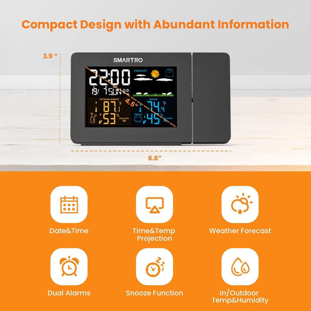 SMARTRO SC91 Projection Alarm Clock for Bedrooms with Weather Station, Wireless Indoor Outdoor Thermometer, Temperature Humidity Monitor Gauge Hygrometer
