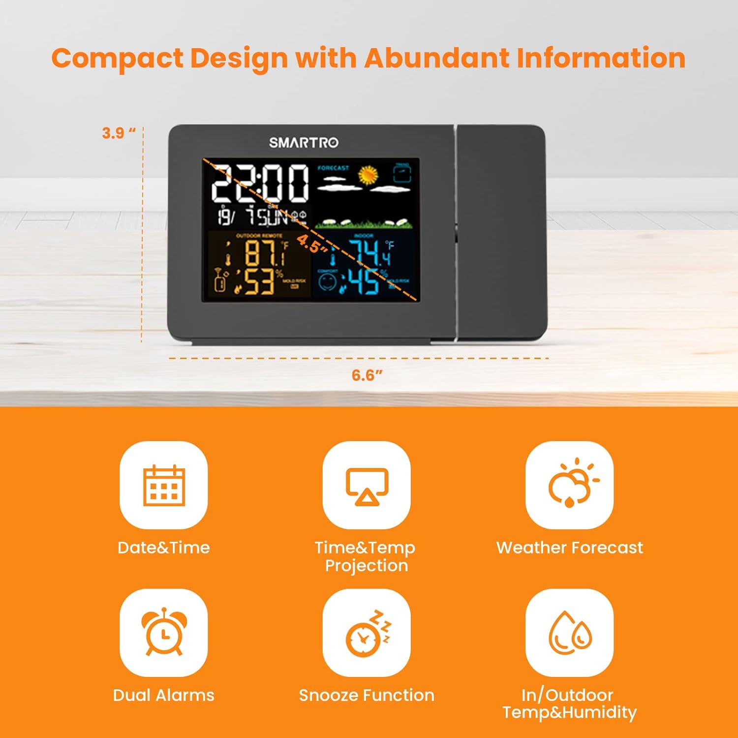 SMARTRO SC91 Projection Alarm Clock for Bedrooms with Weather Station, Wireless Indoor Outdoor Thermometer, Temperature Humidity Monitor Gauge Hygrometer