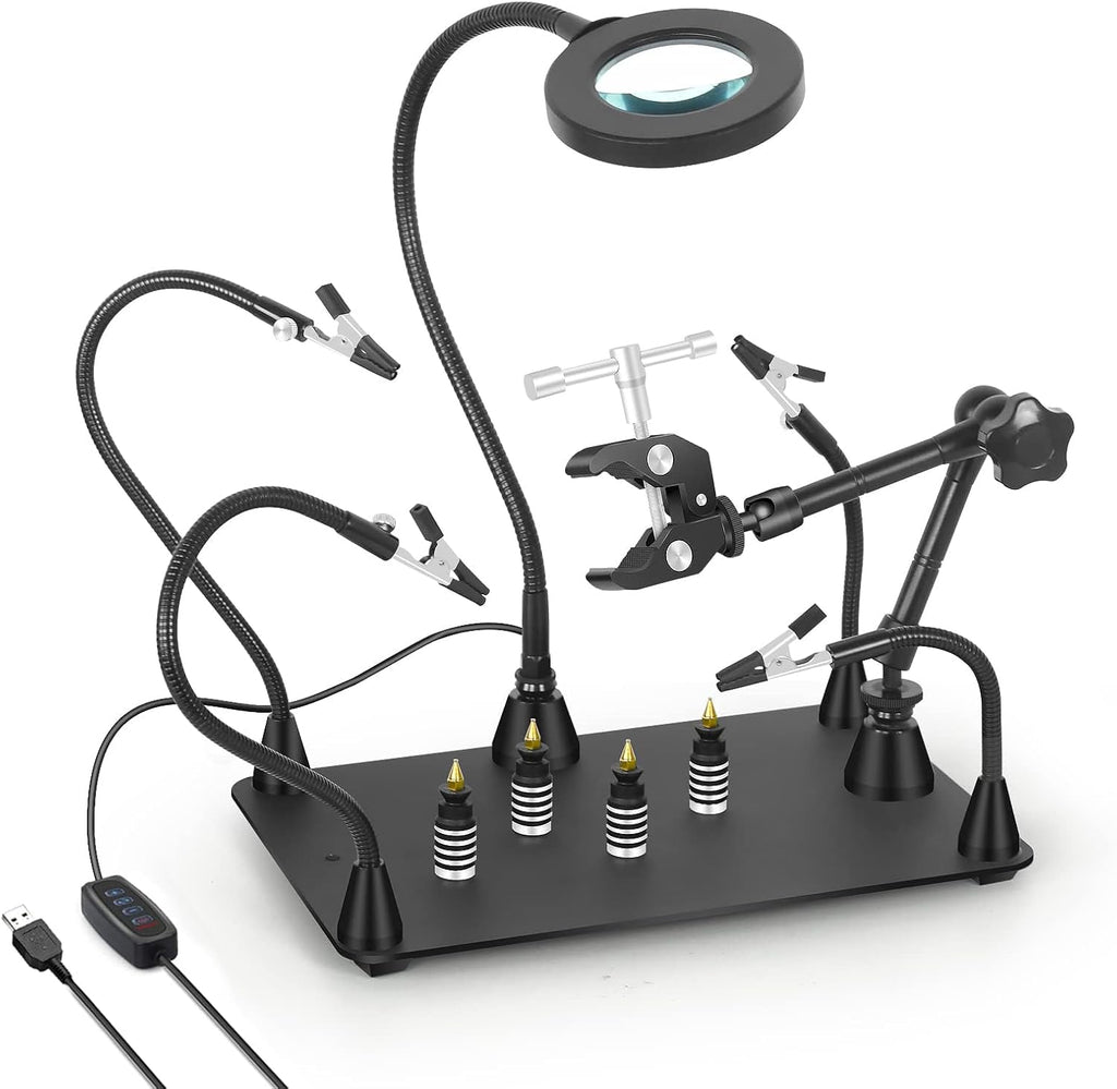 Helping Hands Soldering Circuit Board Holder Magnetic Third Hand Tools with 3X LED Magnifying Lamp, 360 Hot Air Gun Holder, Flexible Metal Arms Heavy Duty Base Electronic Repair Tool Magic Hand