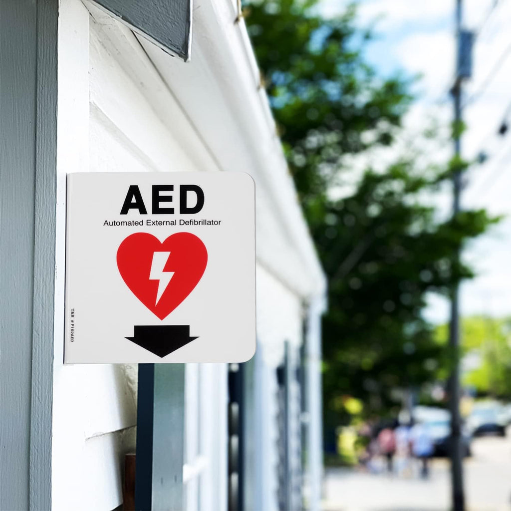 T&R AED Sign, Automated External Defibrillator with Down Arrow - 2 Pack - 6 x 6 Inches Acrylic, 2 pre-drilled holes, Includes Matching Screws, Use for Office/Business