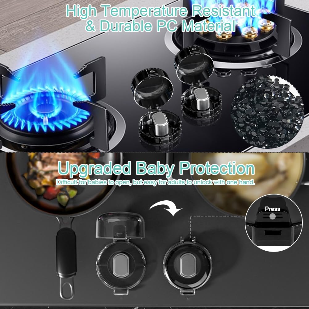 Press Gas Stove Knob Locks,6 Pack Stove Knob Safety Covers and 2 Pack Cabinet Door Child Lock with Strong Double-Sided Tape,Heat-Resistant Gas Stove Knob Protectors for Child Safety/Pet Safety