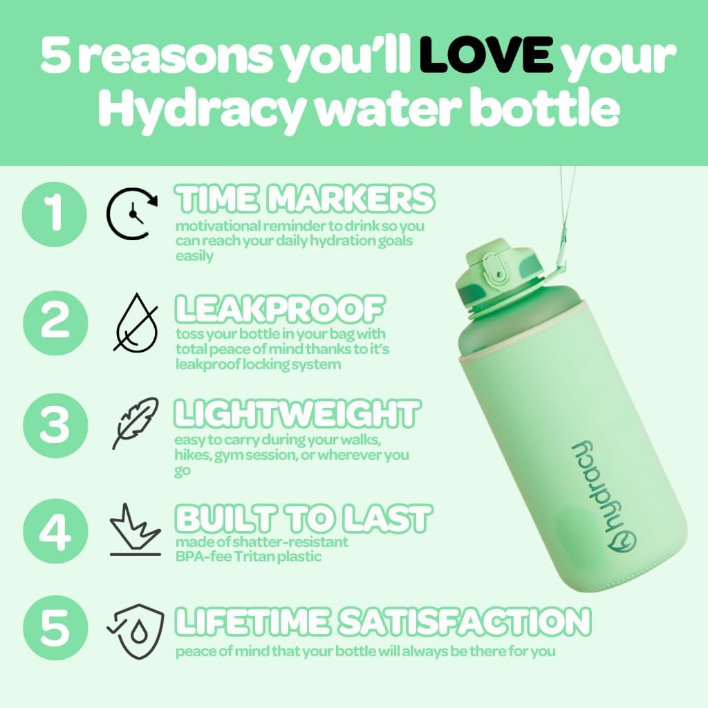 Hydracy Water Bottle with Time Marker -Large BPA Free Water Bottle & No Sweat Sleeve -Leak Proof Gym Bottle with Fruit Infuser Strainer & Times to Drink -Ideal for Fitness Sports & Outdoors