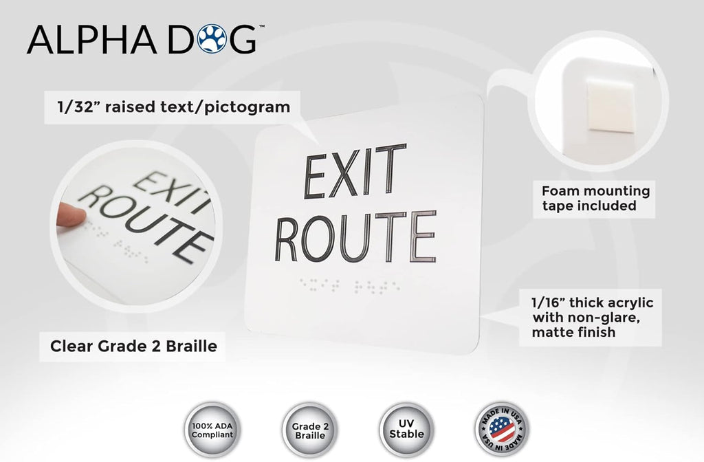 ALPHA DOG ADA SIGNS - Exit Route Sign with Braille for Your Business, 5x6 Inch, ADA Compliant, Indoor or Outdoor, Easy Installation, Made in the USA, White
