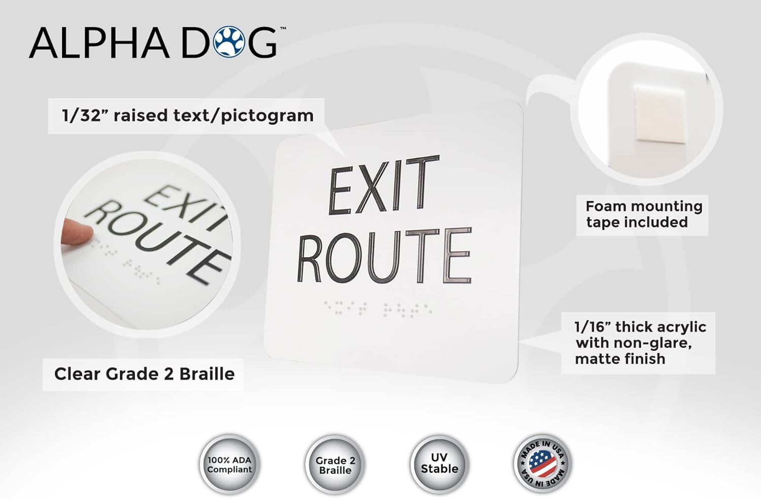 ALPHA DOG ADA SIGNS - Exit Route Sign with Braille for Your Business, 5x6 Inch, ADA Compliant, Indoor or Outdoor, Easy Installation, Made in the USA, White